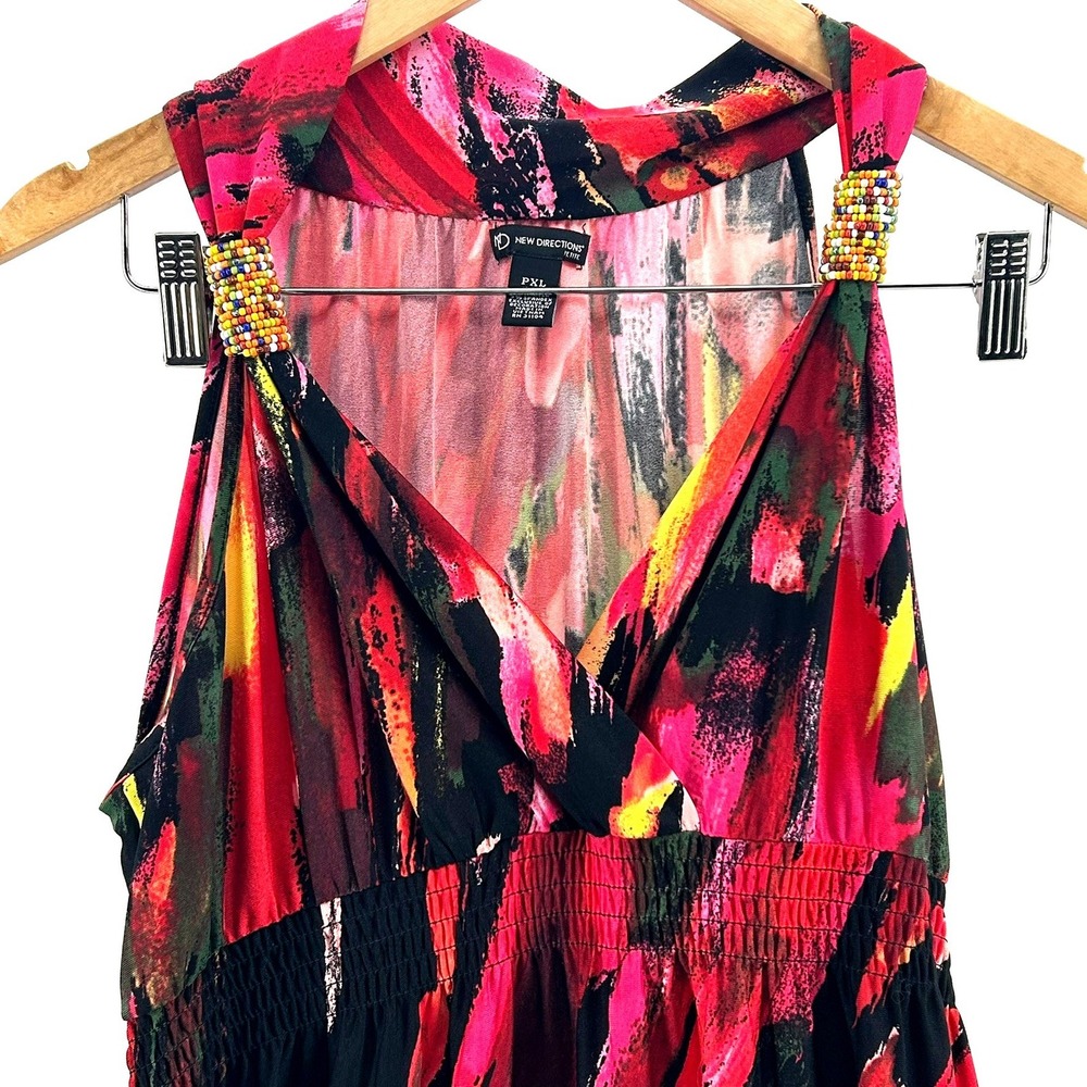 New Directions Petite PXL Abstract Brushstroke Maxi Dress Beaded Sleeveless Pink